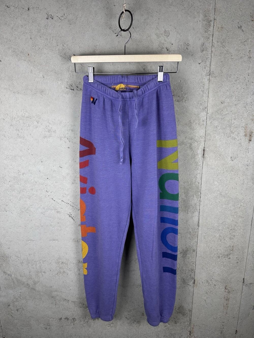 Aviator Nation Purple Leg Spell-out Rainbow Graphic Sweatpants Women's Size XS